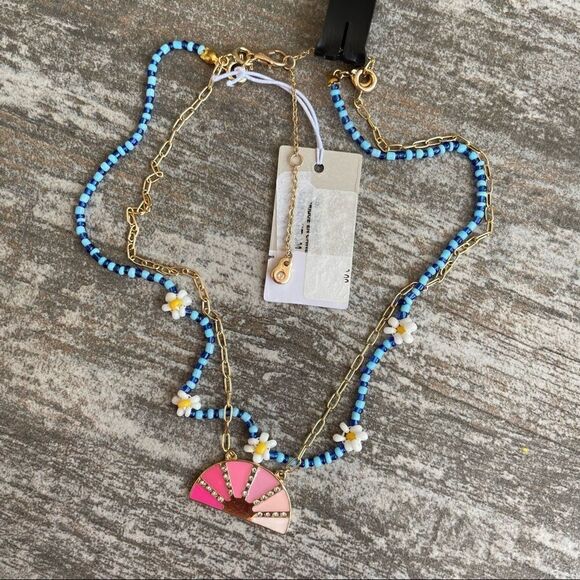 BP Bead and Pendant Layered Necklace Blue Multi Pink Gold - Picture 1 of 4